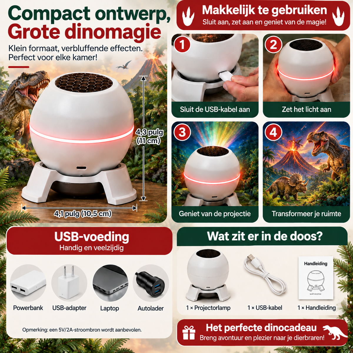 🌈🦖Draaibare kerstlichtprojector – 8 feestelijke motieven
